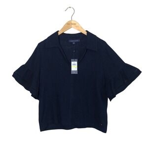 New TOMMY HILFIGER Womens Medium Navy Blue Slub Cotton‎ Gauze Bermuda Top Ruffle